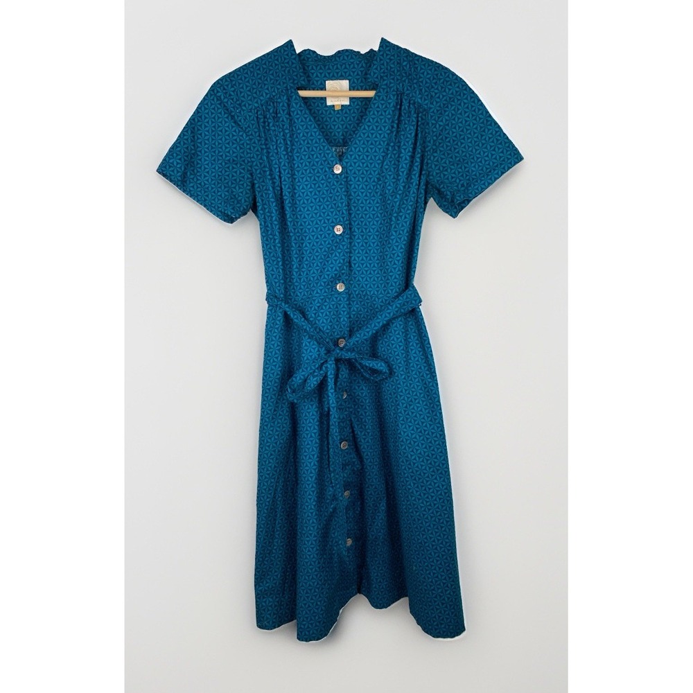 Archerie Women's 8 Blue Geometric Short Sleeve Tie Waist A-Line Dress